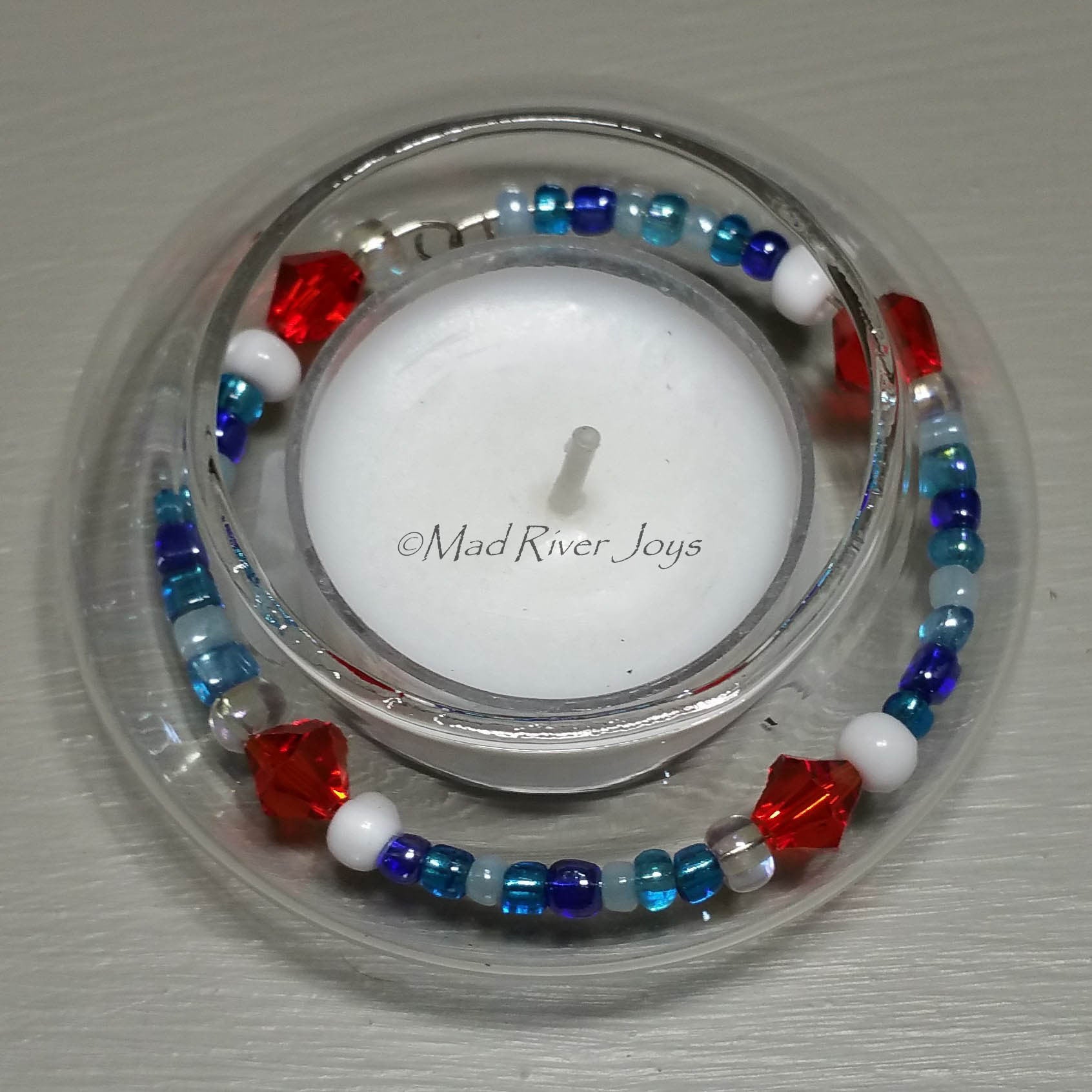 Tea Lights--Floating--Nautical Red White Blue Beaded Tea Light Set