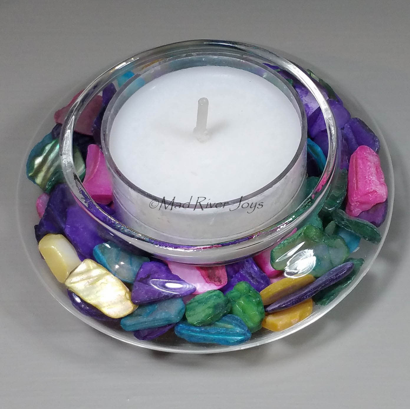 Tea Lights--Non-Floating--Jewel-tone Dyed Crushed Shell Tea Light Set