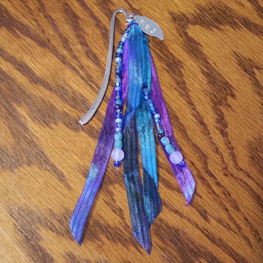 Bookmark--Hook--Blue with Hand-dyed Fairy Ribbon