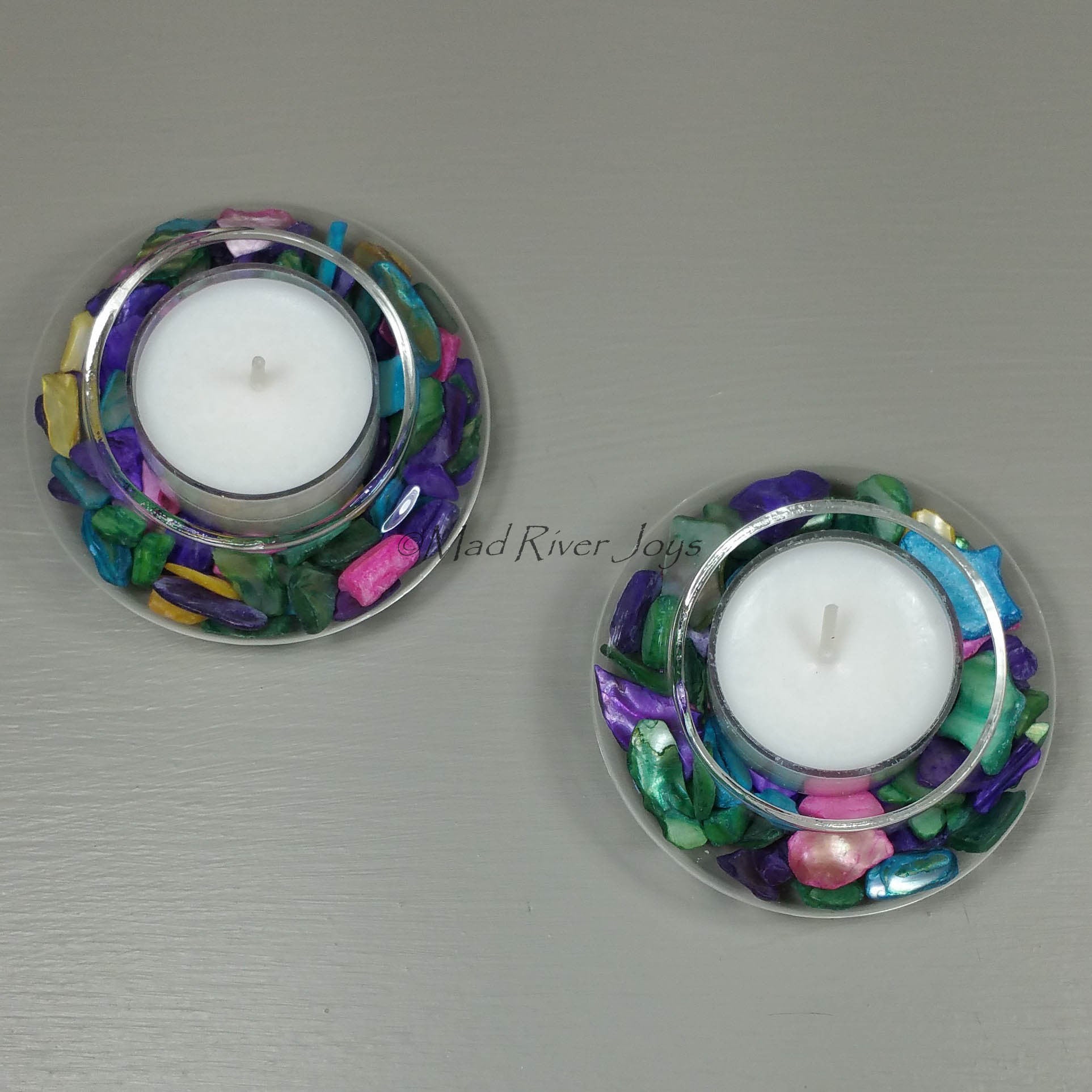 Tea Lights--Non-Floating--Jewel-tone Dyed Crushed Shell Tea Light Set