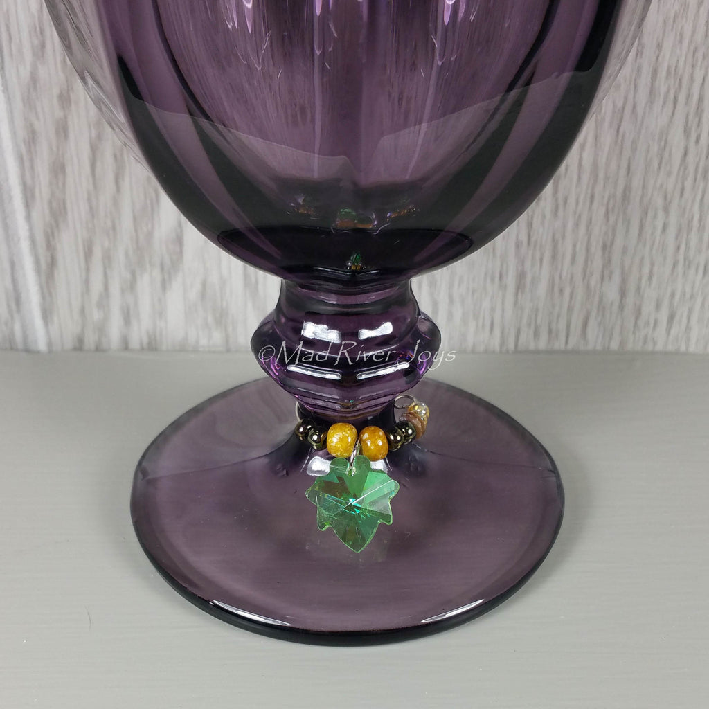 Wine Glass Charms--Glass Crystal Leaf--Dark Green AB
