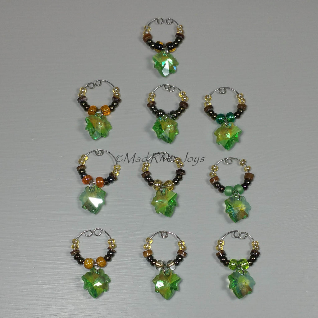 Wine Glass Charms--Glass Crystal Leaf--Green Matte