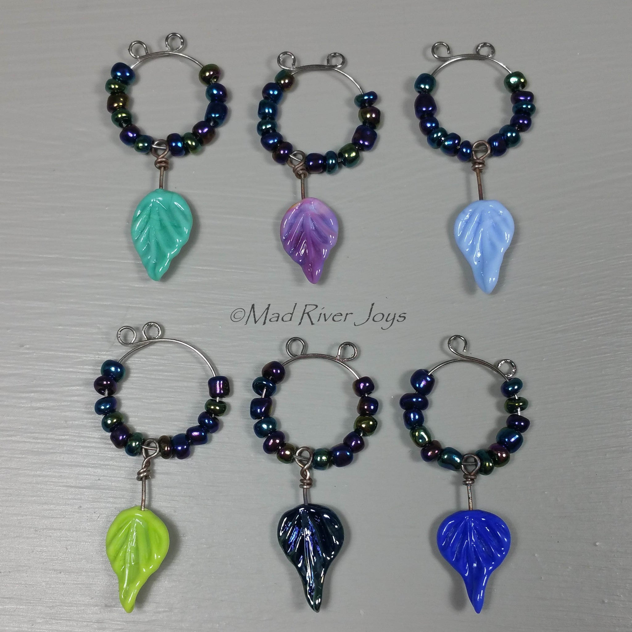 Wine Glass Charms--Lampwork Leaf--Cobalt