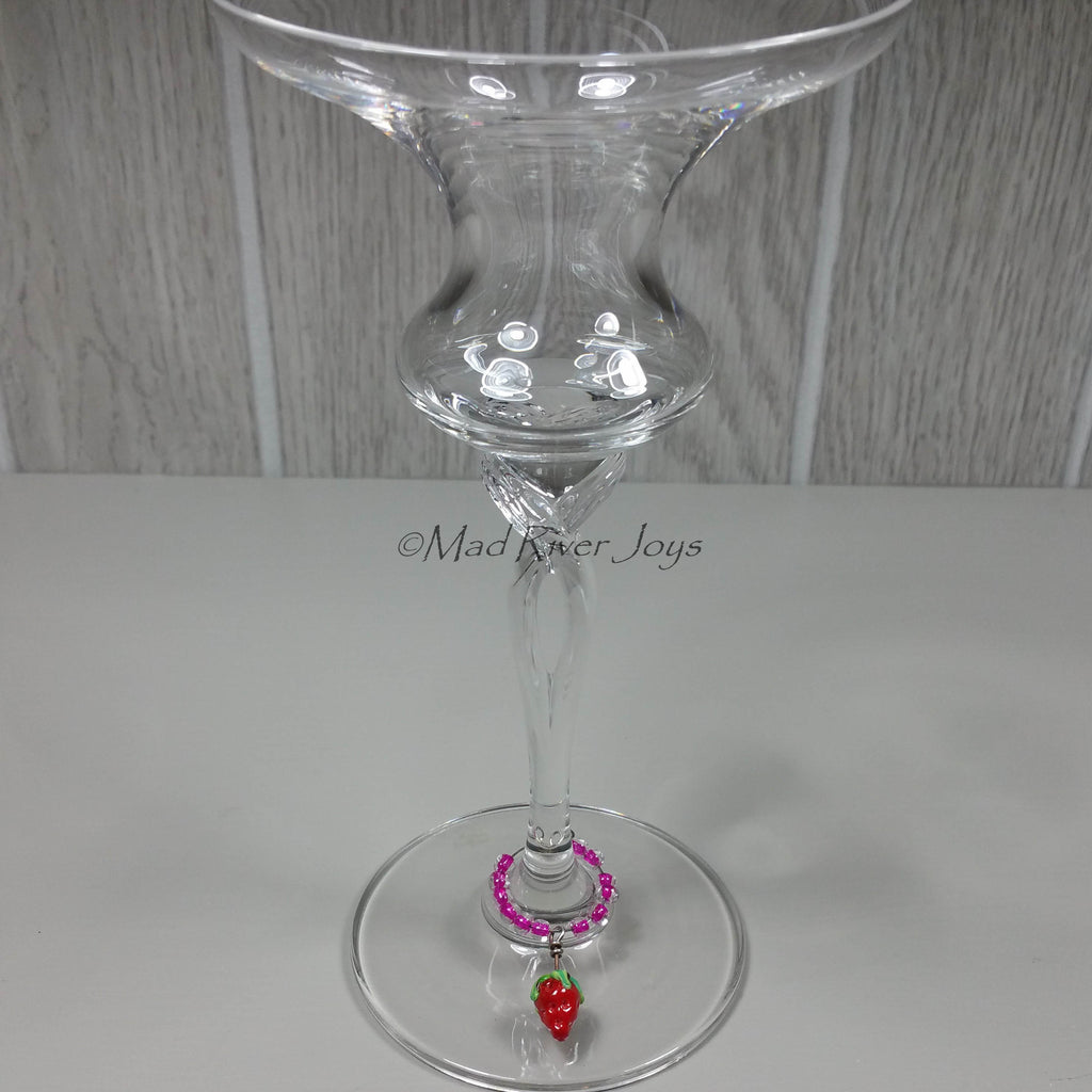 Wine Glass Charms--Lampwork Strawberry--Dark Green