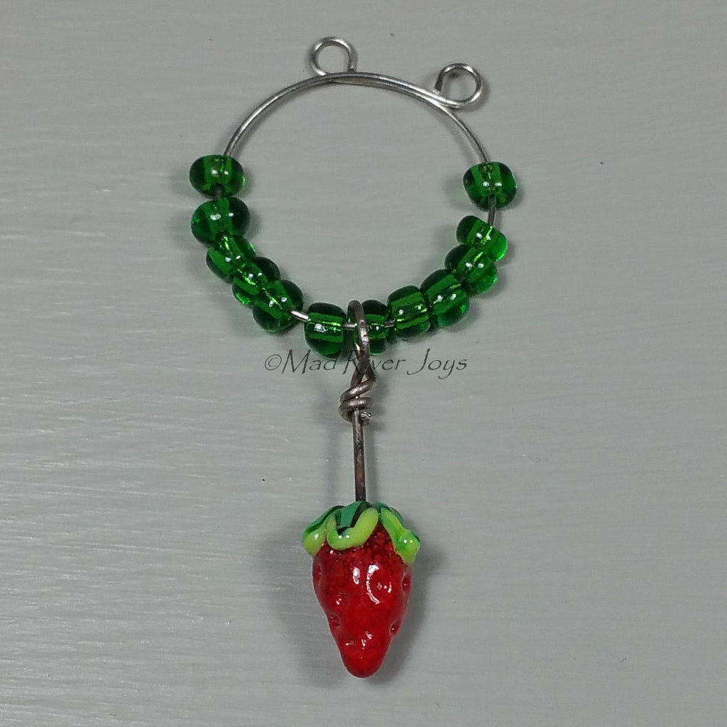 Wine Glass Charms--Lampwork Strawberry--Dark Green