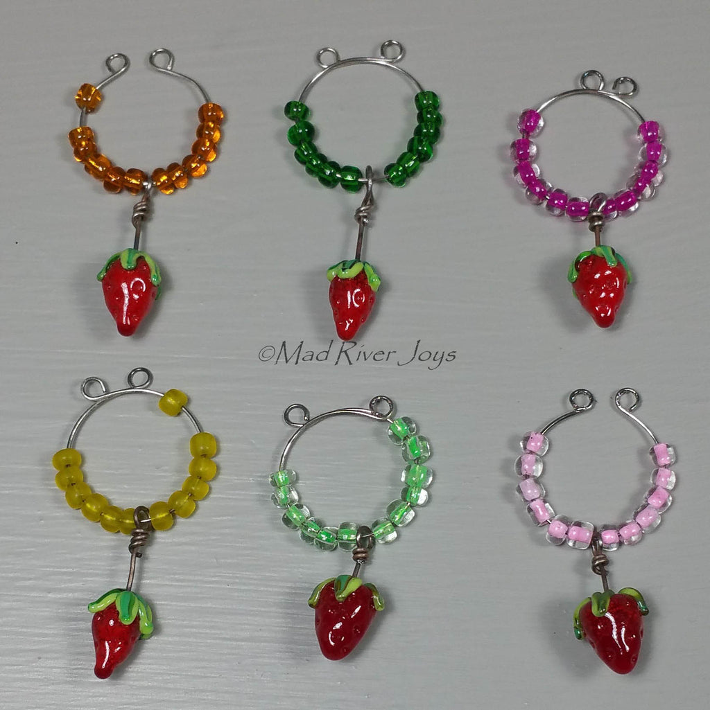 Wine Glass Charms--Lampwork Strawberry--Dark Green