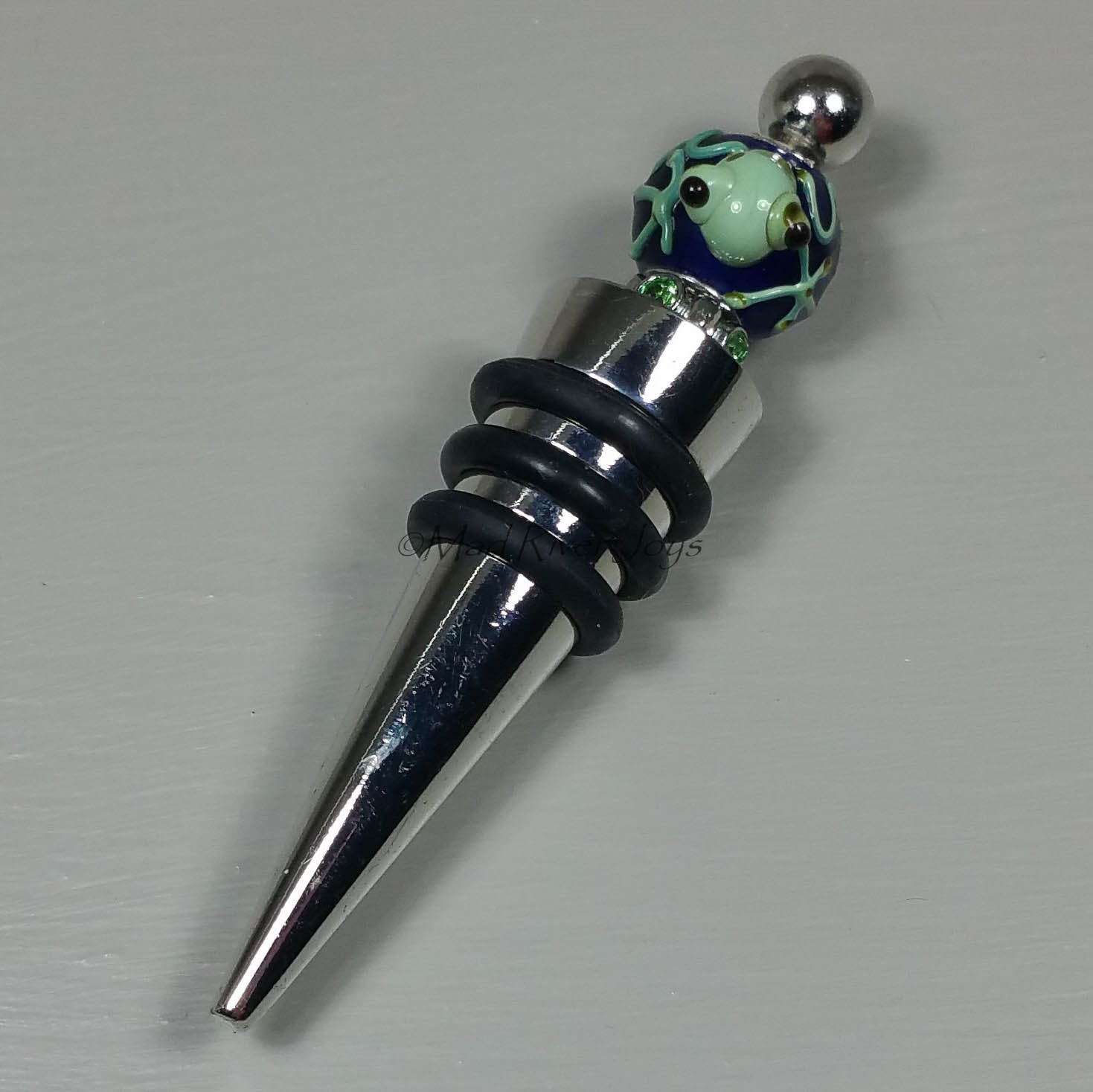 Bottle Stopper--Small Green Lampwork Frog on Blue Glass Bead