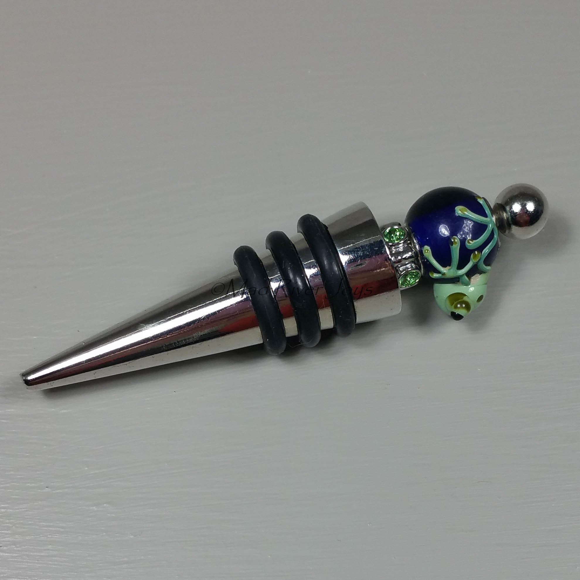 Bottle Stopper--Small Green Lampwork Frog on Blue Glass Bead