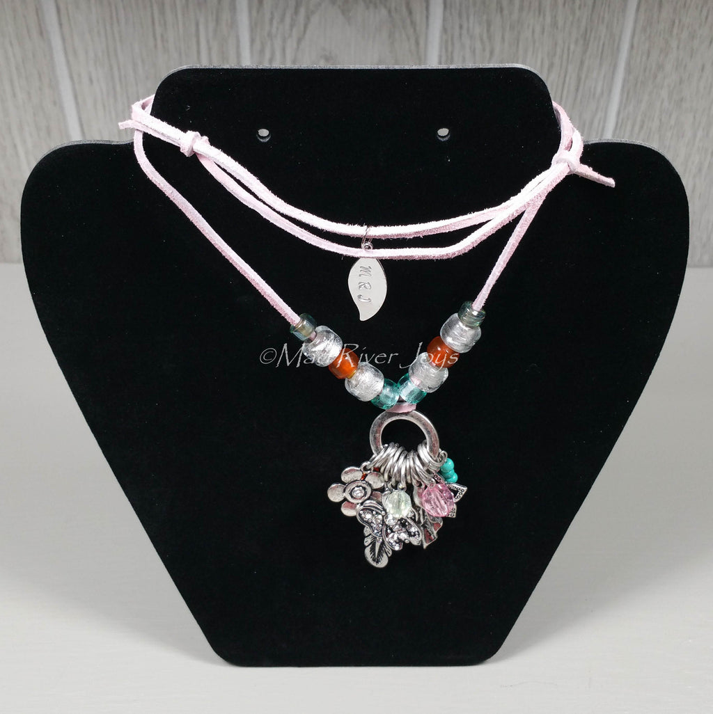 Necklace--Pink Feather/Butterfly Dangle