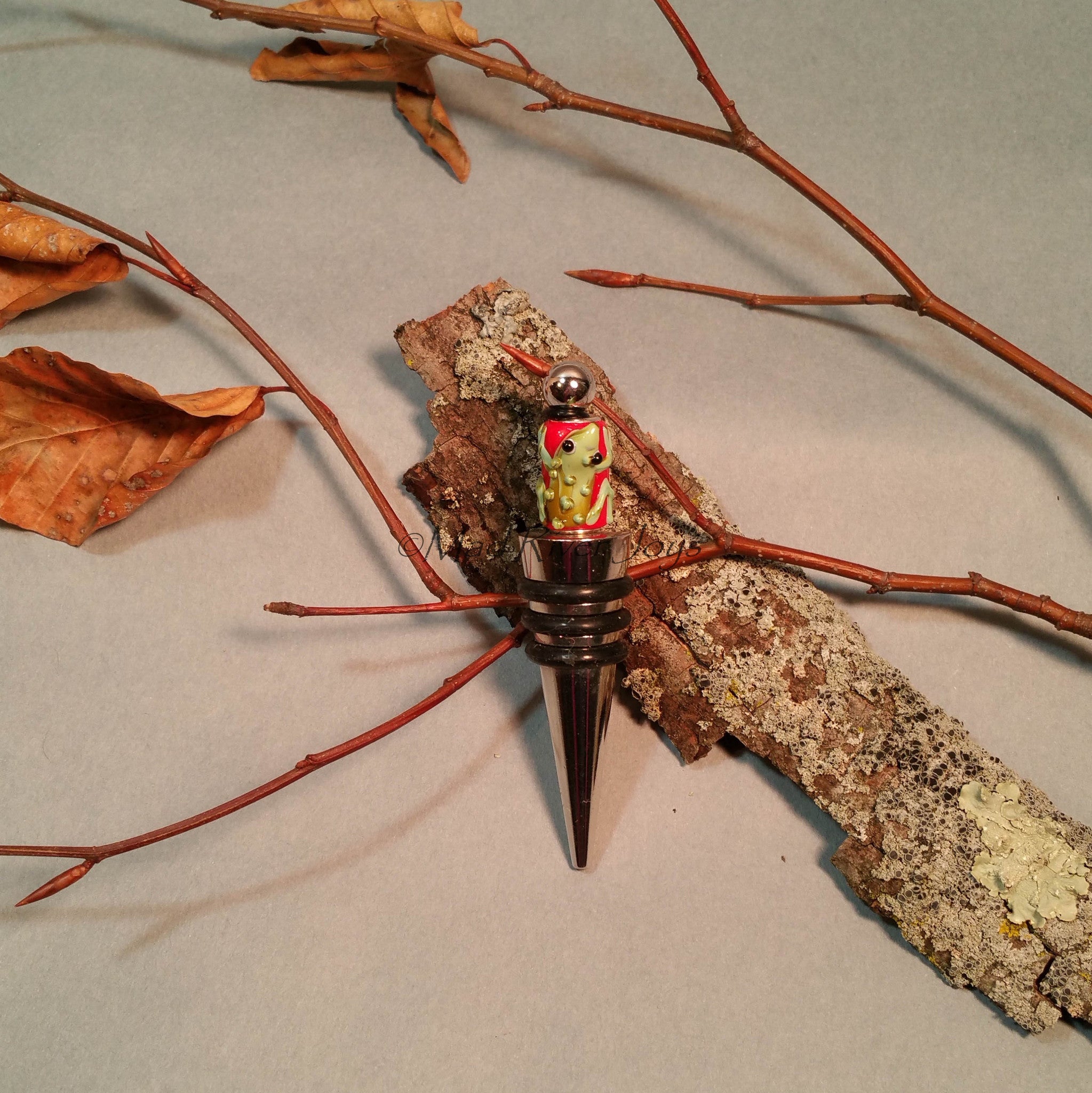 Bottle Stopper--Large Green Lampwork Frog on Red Glass Bead
