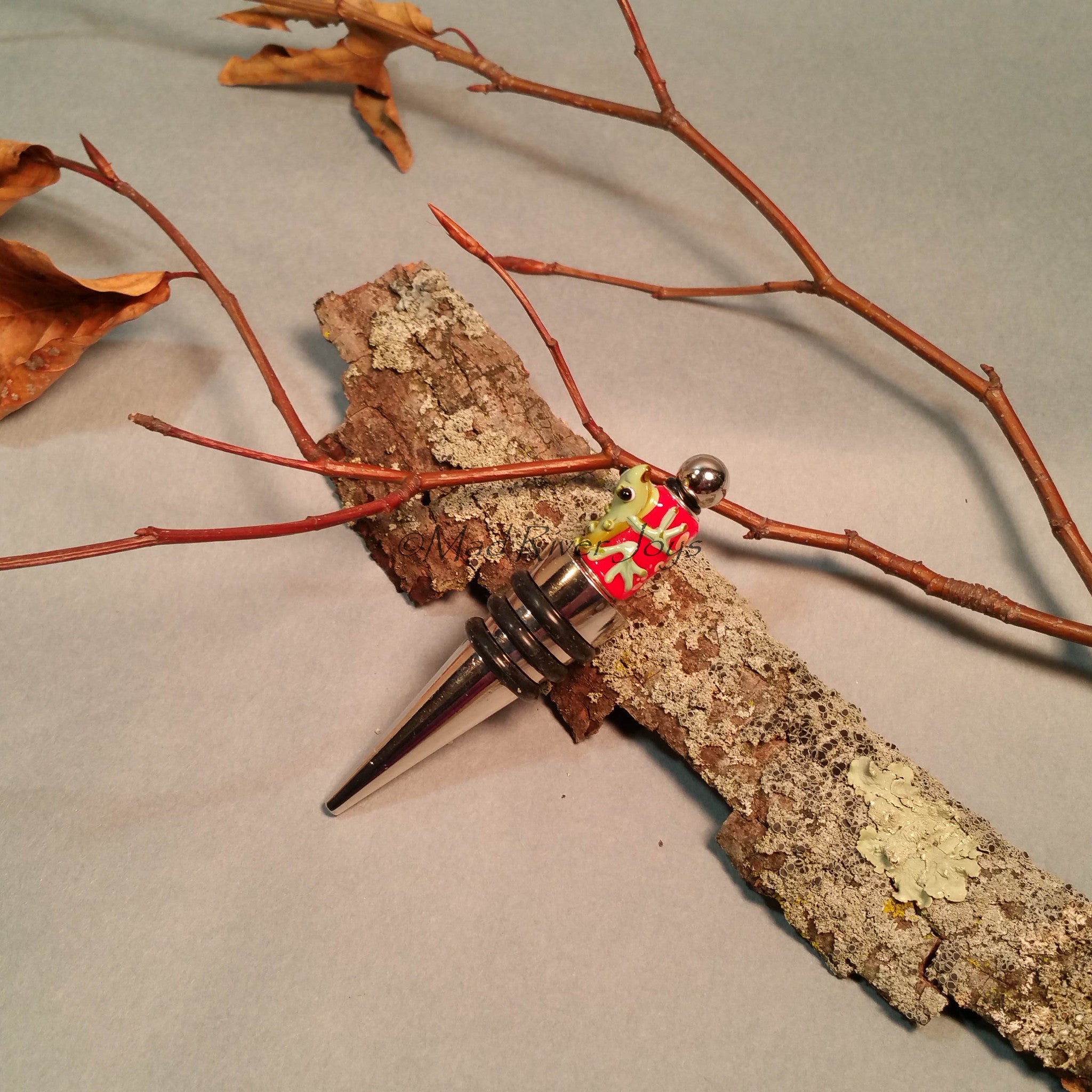 Bottle Stopper--Large Green Lampwork Frog on Red Glass Bead