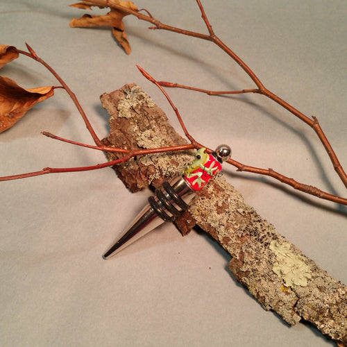 Bottle Stopper--Large Green Lampwork Frog on Red Glass Bead