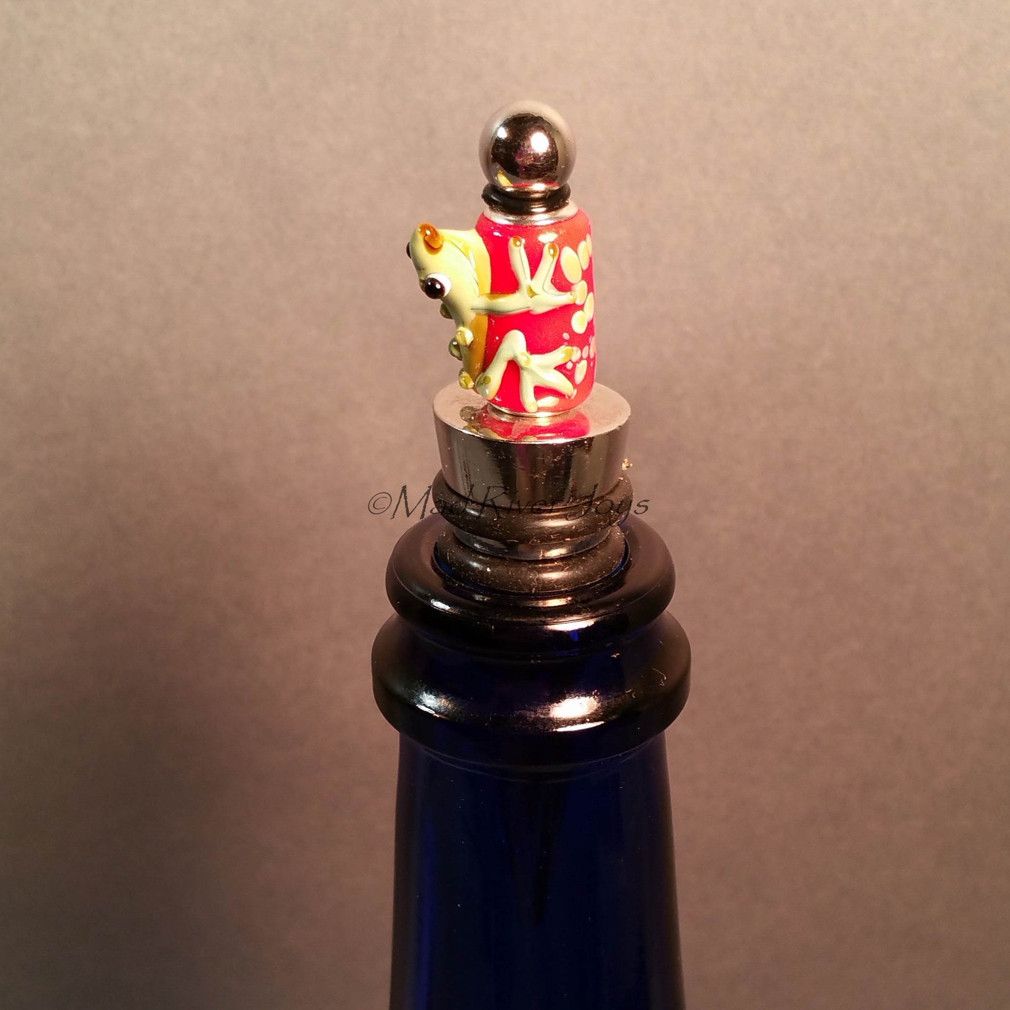 Bottle Stopper--Large Green Lampwork Frog on Red Glass Bead