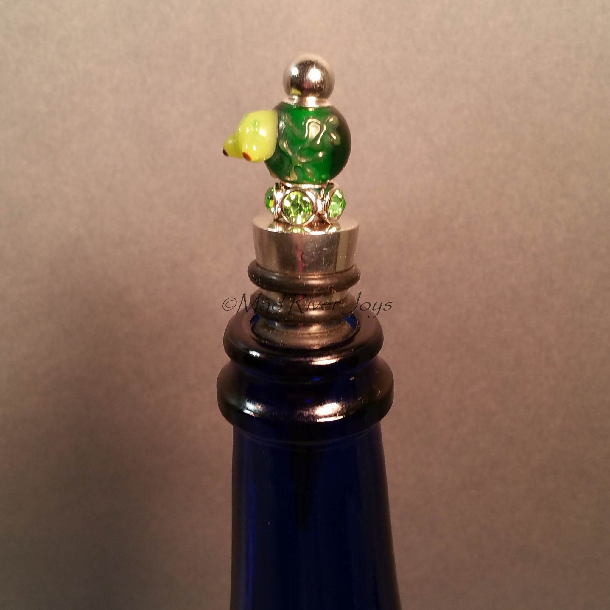 Bottle Stopper--Small Light Green Lampwork Frog on Dark Green Glass Bead