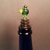 Bottle Stopper--Small Light Green Lampwork Frog on Dark Green Glass Bead