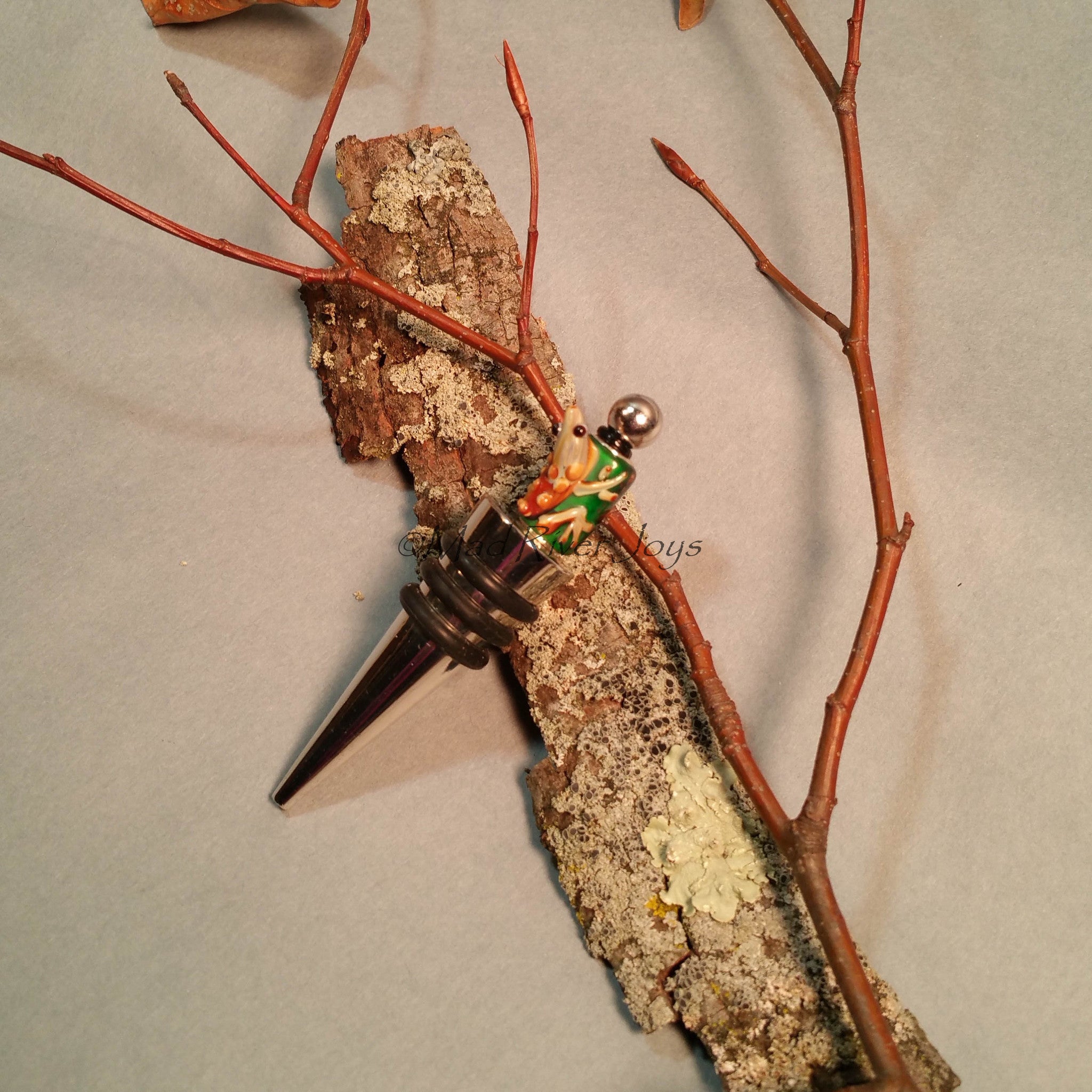 Bottle Stopper--Large Tan Lampwork Frog on Green Glass Bead