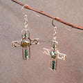 Earrings--Silver Cross--Metallic Green