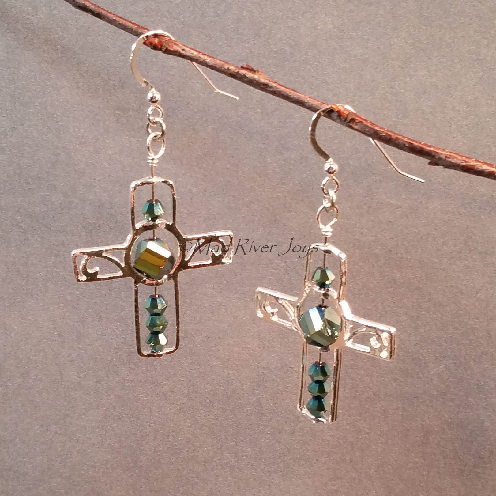 Earrings--Silver Cross--Metallic Green