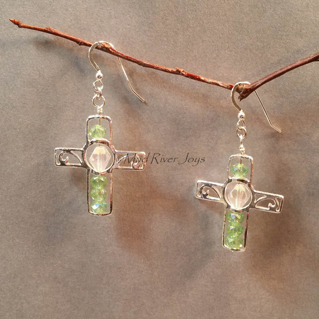 Earrings--Silver Cross--Light Green AB