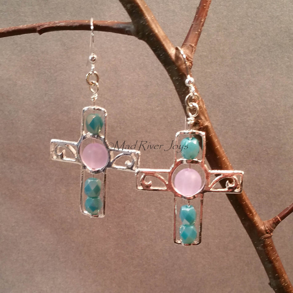 Earrings--Silver Cross--Lavender/Aqua