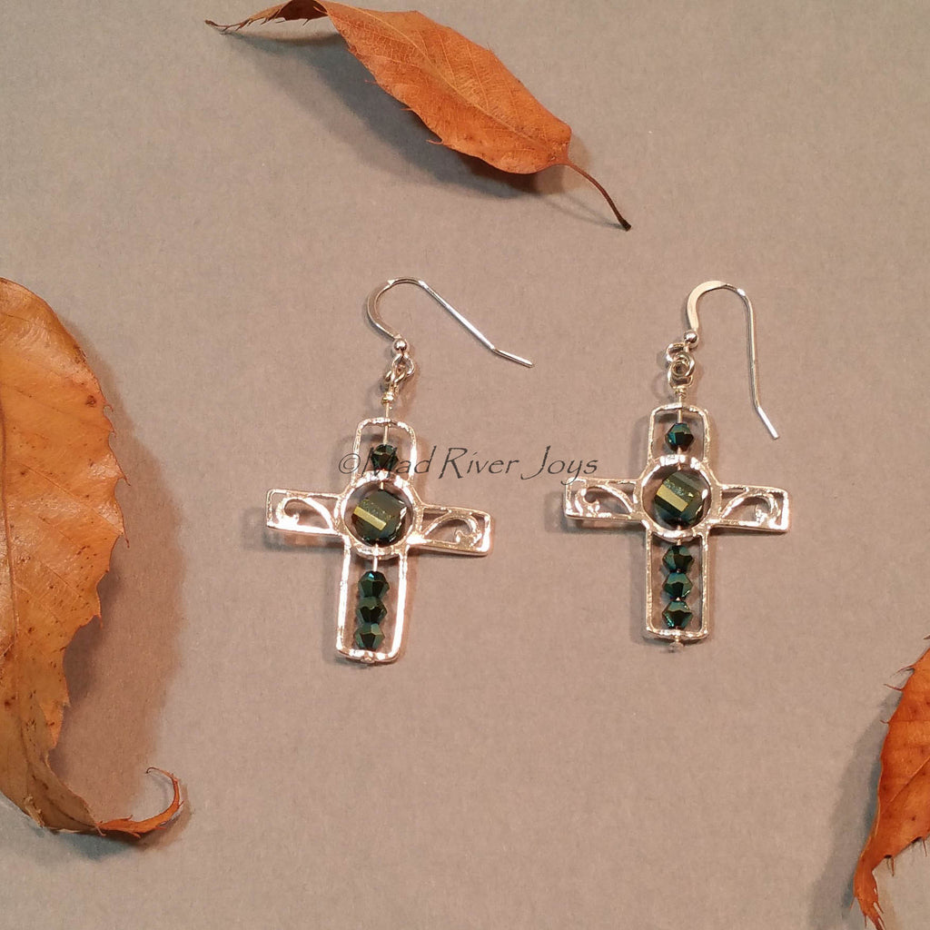 Earrings--Silver Cross--Metallic Green
