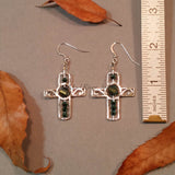 Earrings--Silver Cross--Metallic Green