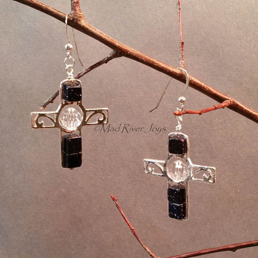 Earrings--Silver Cross--Crystal/Cobalt Goldstone