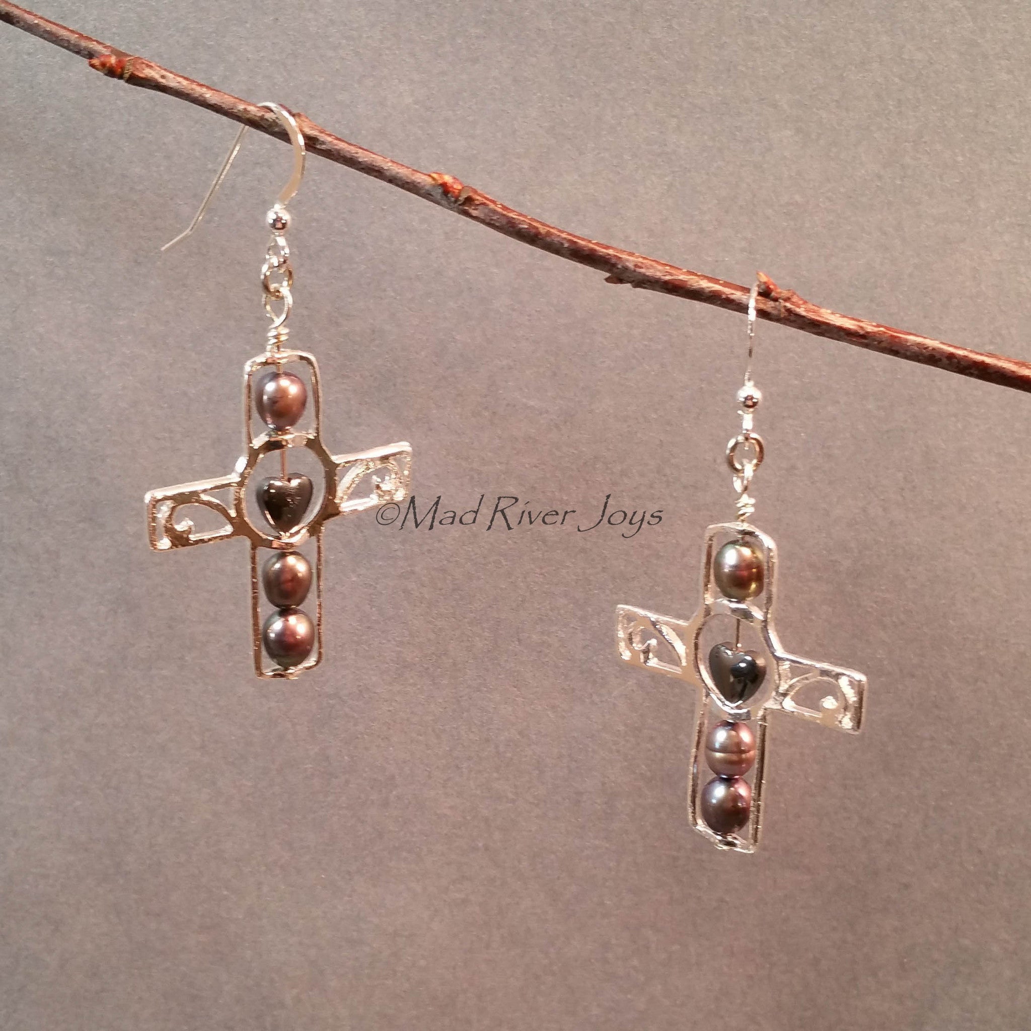 Earrings--Silver Cross--Hematite Heart/Jet Pearl