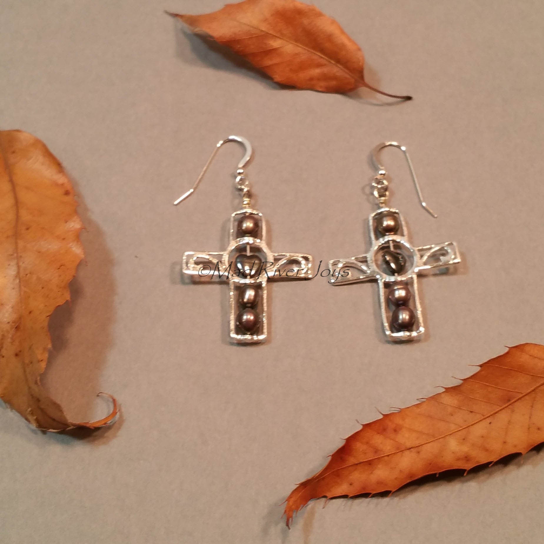 Earrings--Silver Cross--Hematite Heart/Jet Pearl