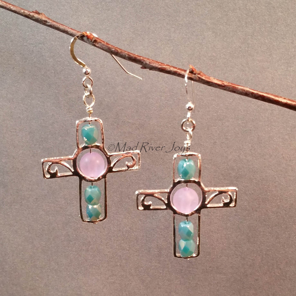 Earrings--Silver Cross--Lavender/Aqua