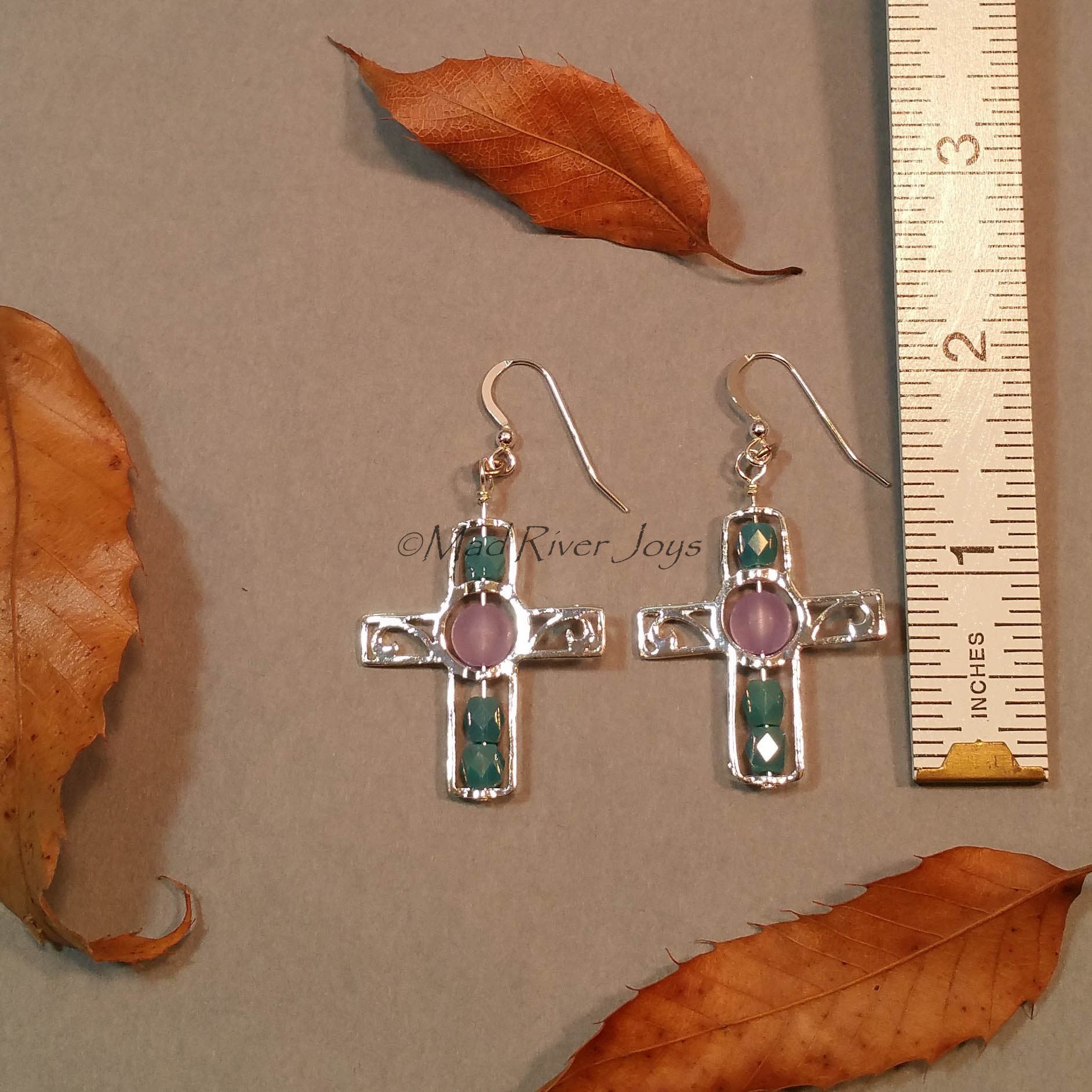 Earrings--Silver Cross--Lavender/Aqua