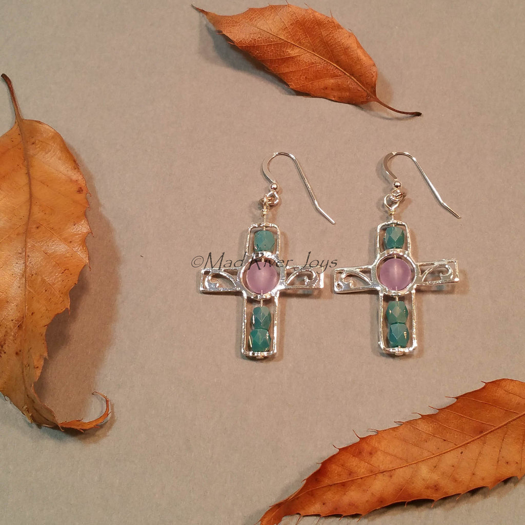 Earrings--Silver Cross--Lavender/Aqua