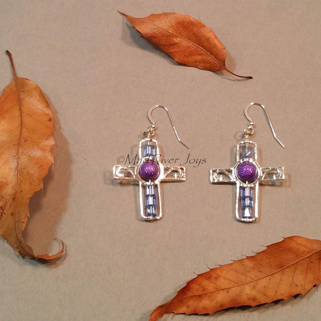 Earrings--Silver Cross--Blue/Purple