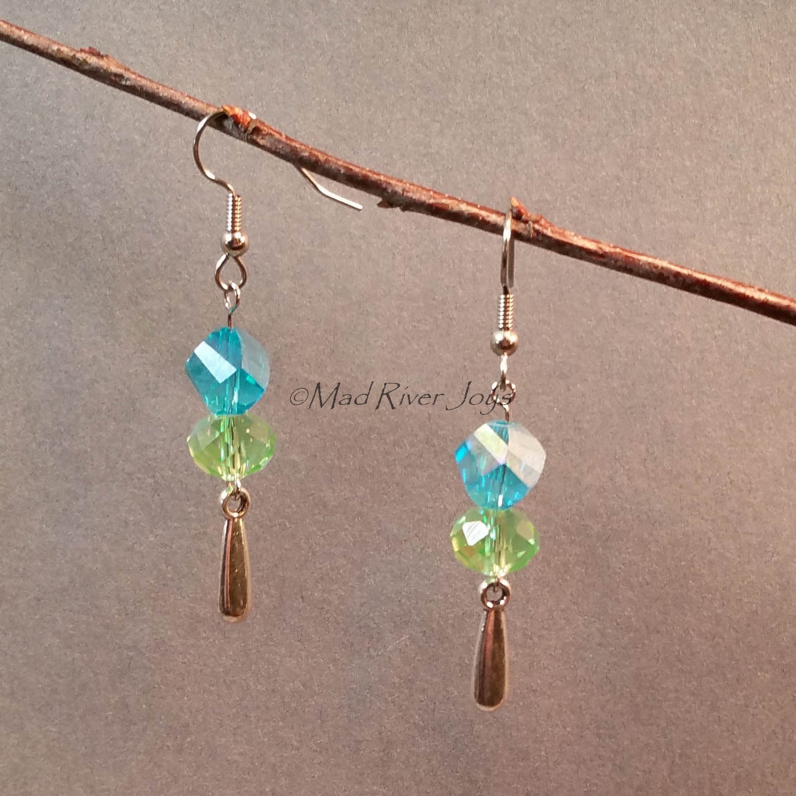Earrings--Aqua Spiral/Light Green Drop