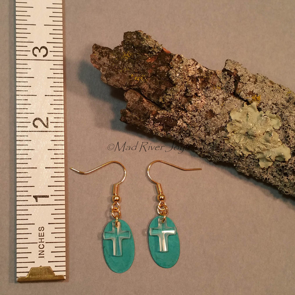 Earrings--Crystal Cross--Teal/Gold