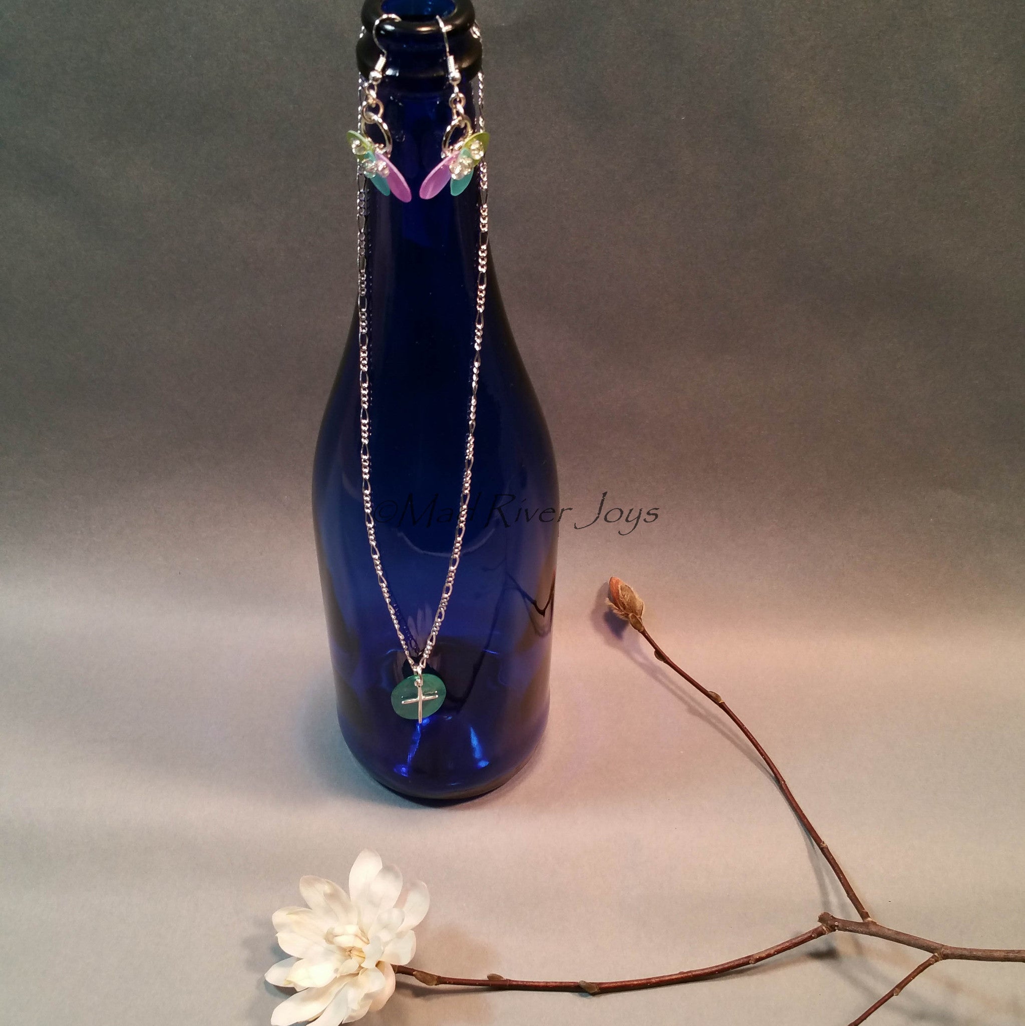 Necklace--Capiz Cross--Teal/Silver