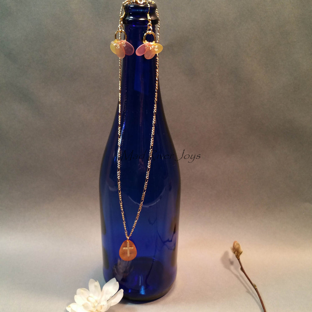 Necklace--Capiz Cross--Orange/Gold