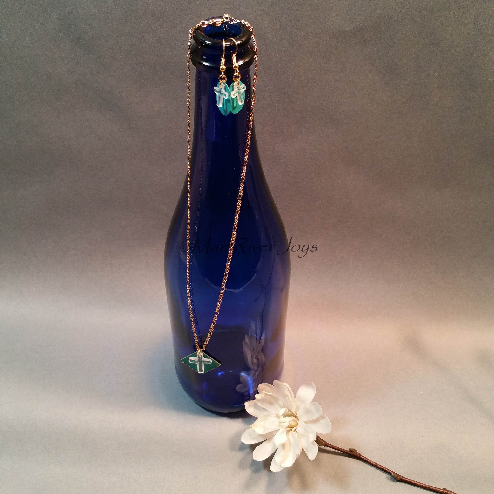 Earrings--Crystal Cross--Teal/Gold