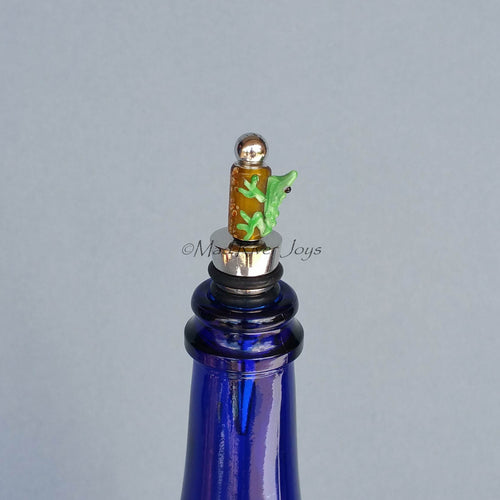 Bottle Stopper--Large Green Lampwork Frog on Tan Glass Bead