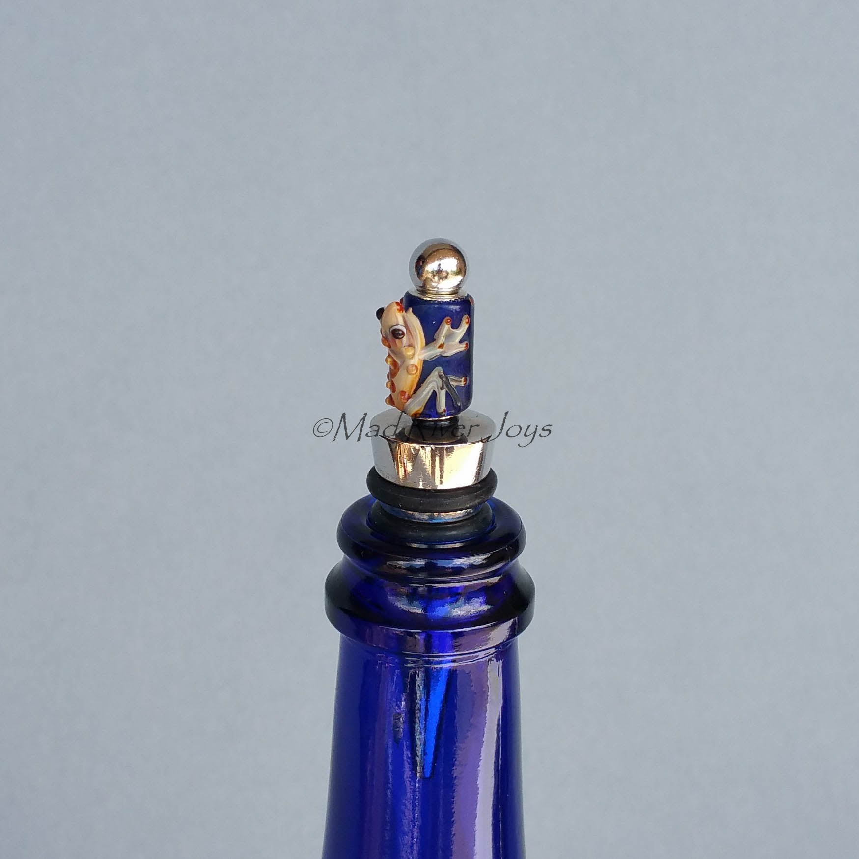 Bottle Stopper--Large Brown Lampwork Frog on Dark Blue Glass Bead