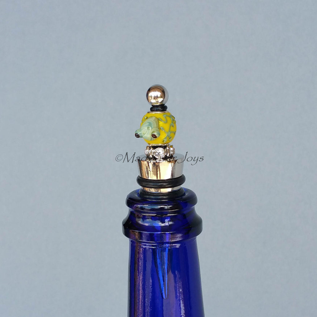 Bottle Stopper--Small Green Lampwork Frog on Yellow Glass Bead