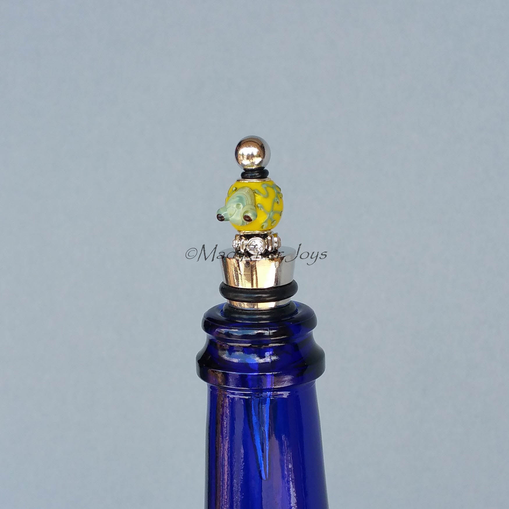 Bottle Stopper--Small Green Lampwork Frog on Yellow Glass Bead