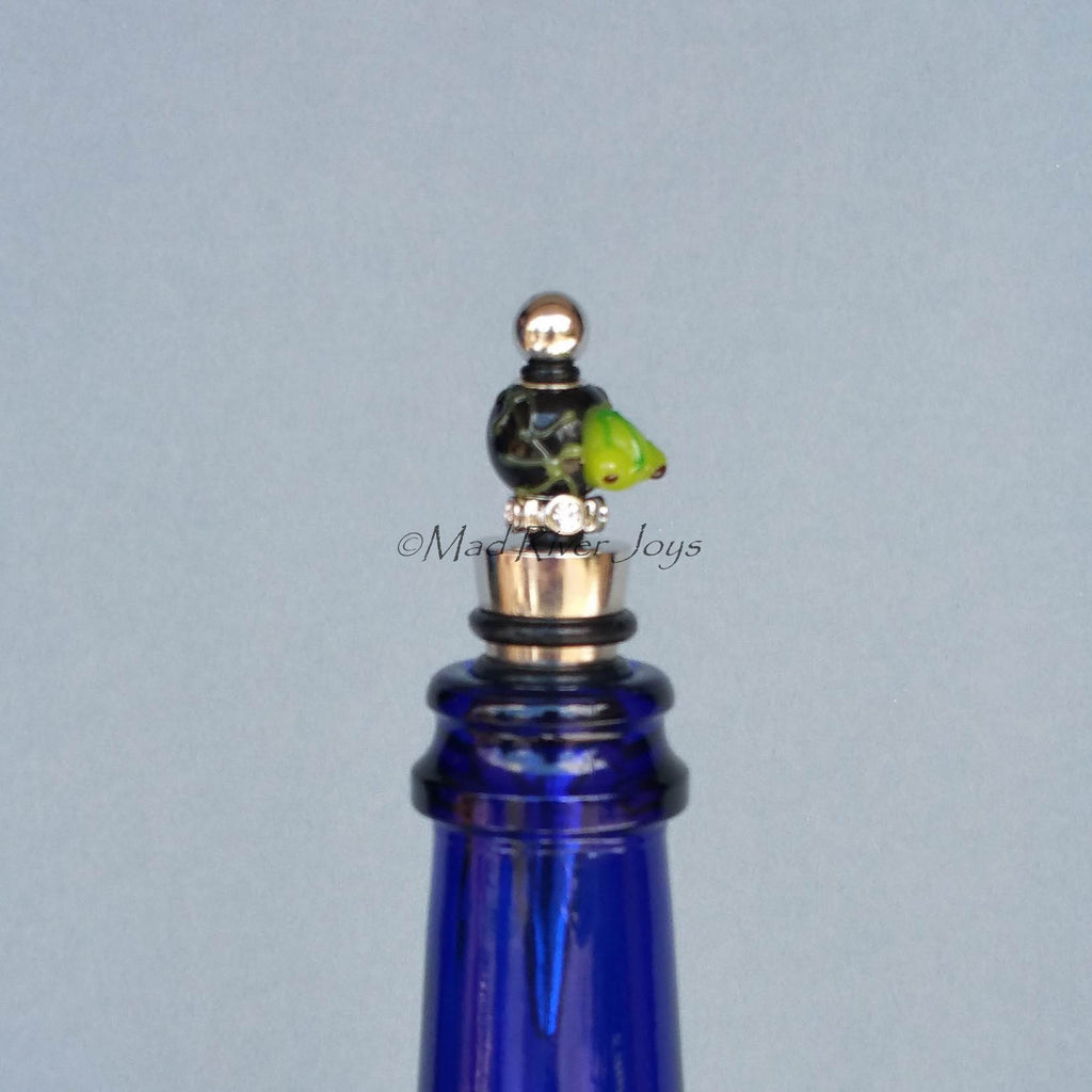 Bottle Stopper--Small Green Lampwork Frog on Black Glass Bead