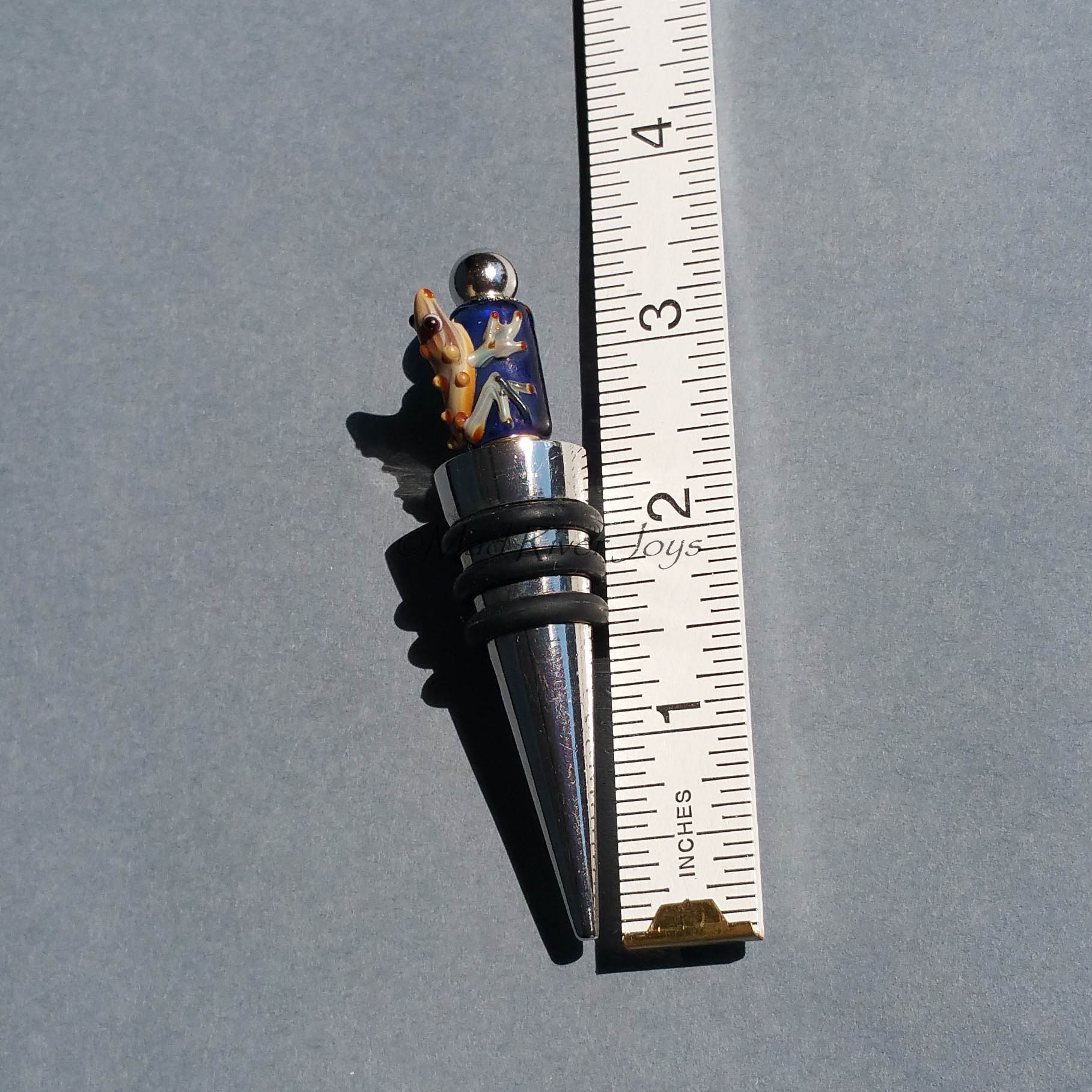 Bottle Stopper--Large Brown Lampwork Frog on Dark Blue Glass Bead