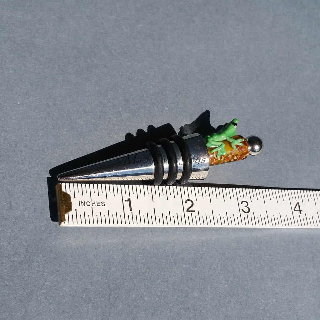 Bottle Stopper--Large Green Lampwork Frog on Tan Glass Bead