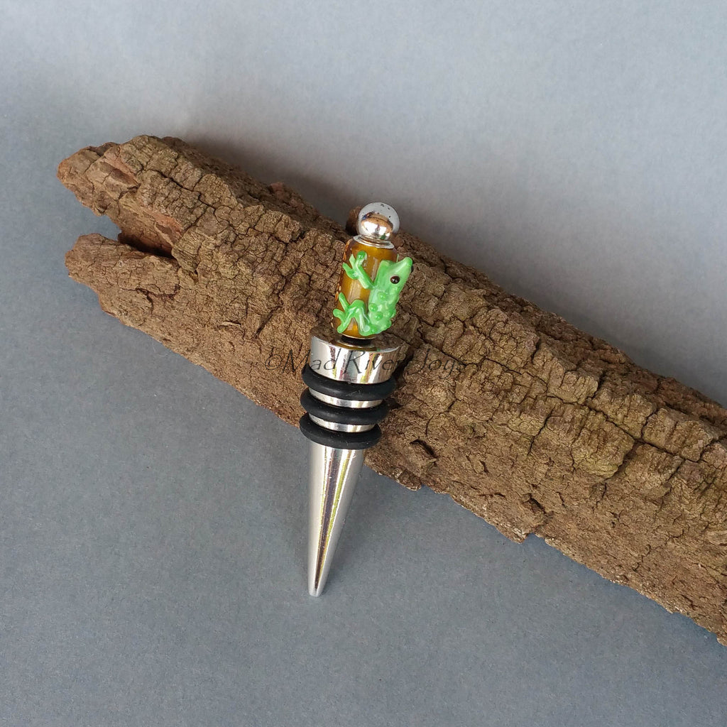 Bottle Stopper--Large Green Lampwork Frog on Tan Glass Bead