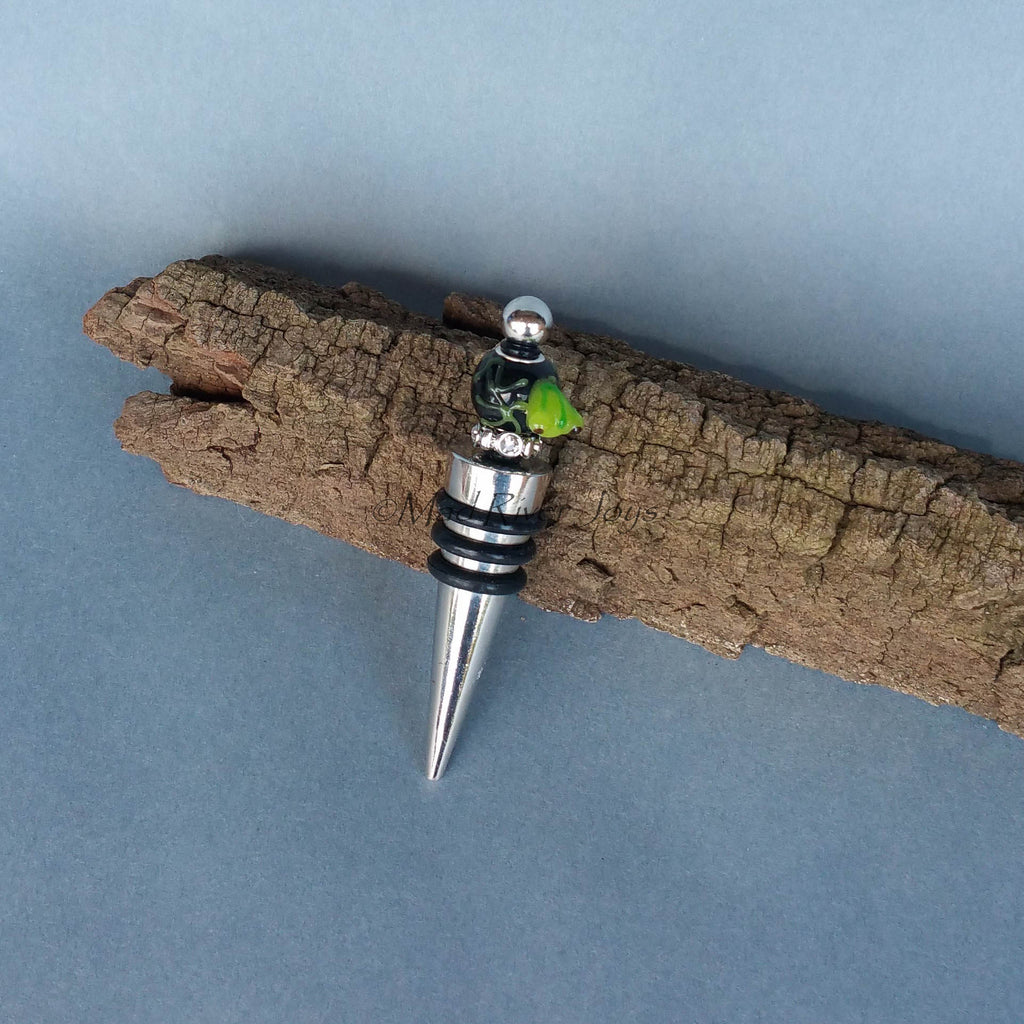 Bottle Stopper--Small Green Lampwork Frog on Black Glass Bead