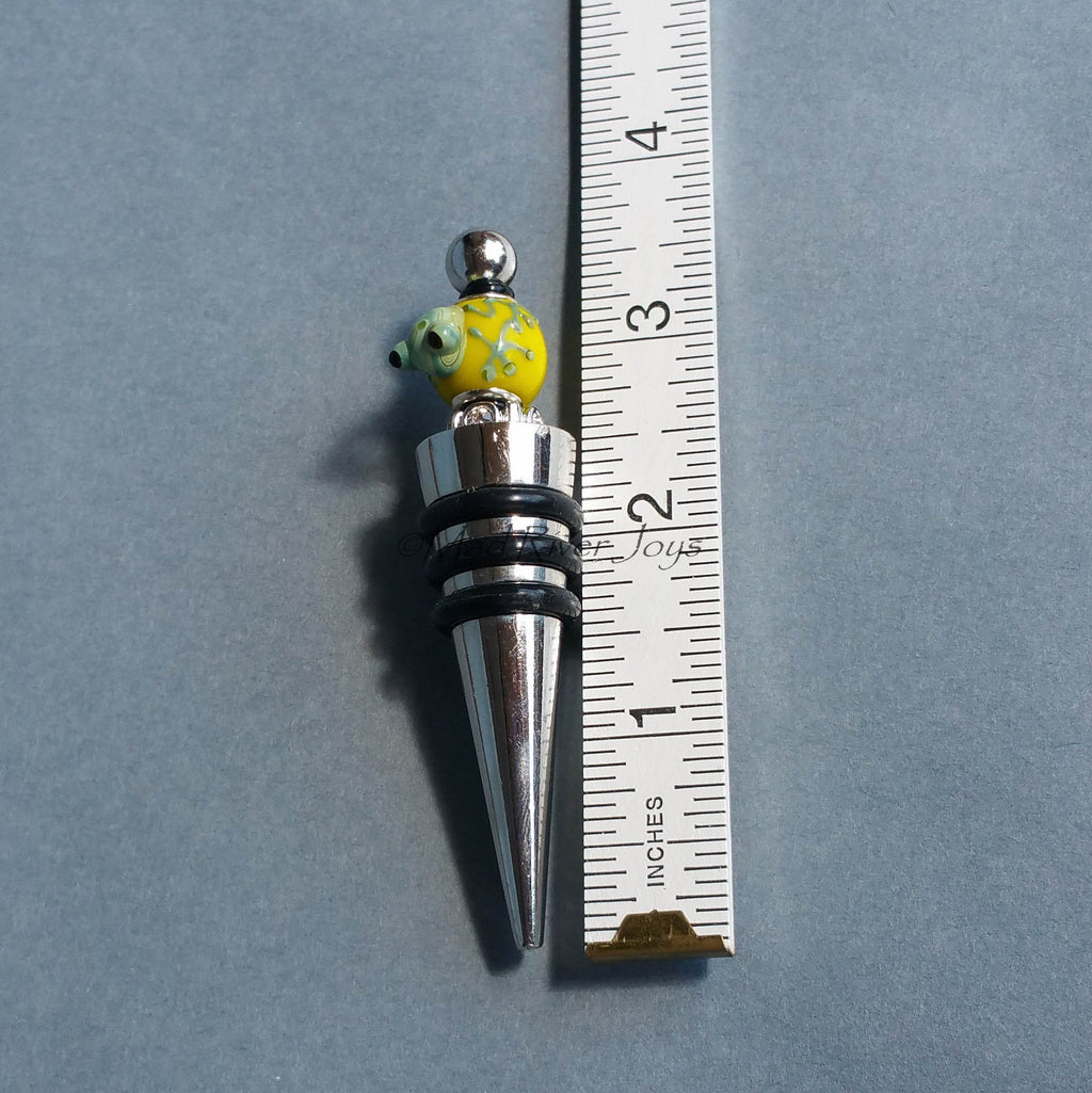 Bottle Stopper--Small Green Lampwork Frog on Yellow Glass Bead
