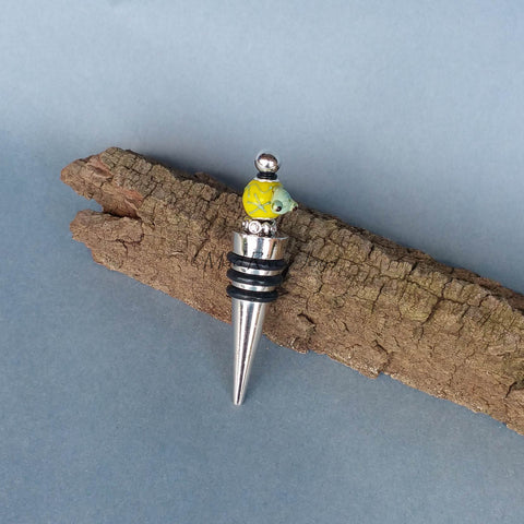 Bottle Stopper--Small Green Lampwork Frog on Yellow Glass Bead