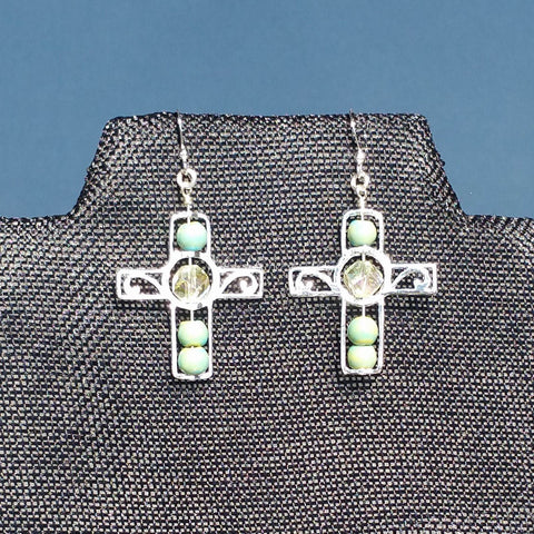 Earrings--Silver Cross--Yellow Crystal/Green Raku